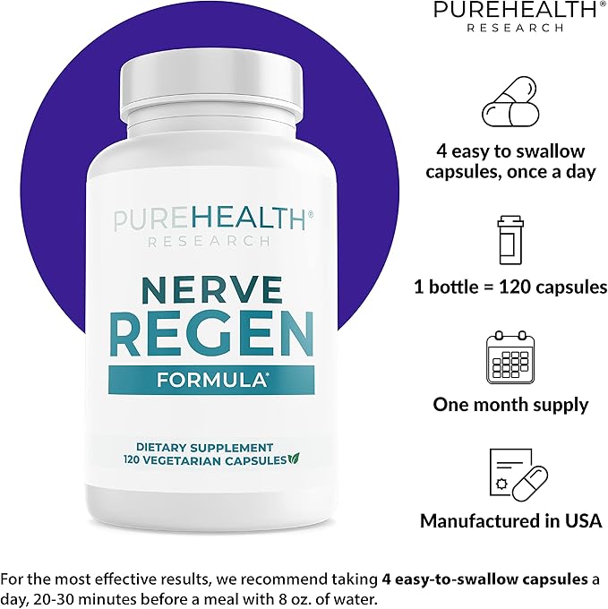 PUREHEALTH RESEARCH Nerve Regen Formula - Nerve Renew for Numbness, Tingling and Burning with R Alpha Lipoic Acid, Benfotiamine 300mg & Passion Flower Extract - Ala Nerve Support Supplement, 6 Bottles