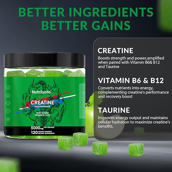 Sugar Free Creatine Monohydrate Gummies 5g for Men & Women, with Taurine, Vitamin B6 & B12, Chewable Creatine Monohydrate Supplement, Natural Apple Flavor, 120 Gummies