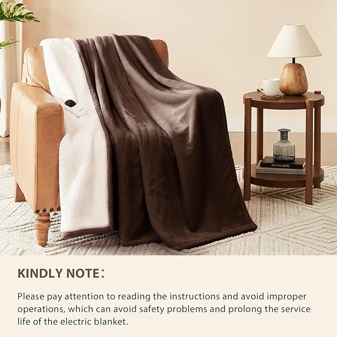 Homemate Electric Heated Blanket Queen Size - 84"x90" Heating Blanket Queen Size Dual Control 1/2/4/6/8 Hours Auto-Off 10 Heat Level Over-Heat Protection Flannel Sherpa ETL Certification