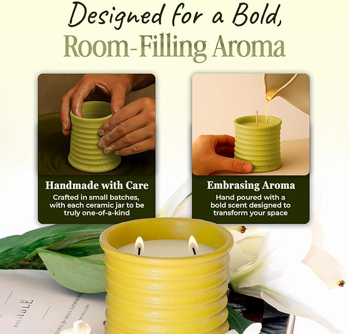 Scented Luxury Candles in Handmade Ceramic Jars, Soy Wax | Flower Bomb โ Lily of The Valley & Jasmine, Large Candle | Non Toxic, 2 Wicks, Reusable Yellow Jar | Natural Spring Aromatherapy for Women