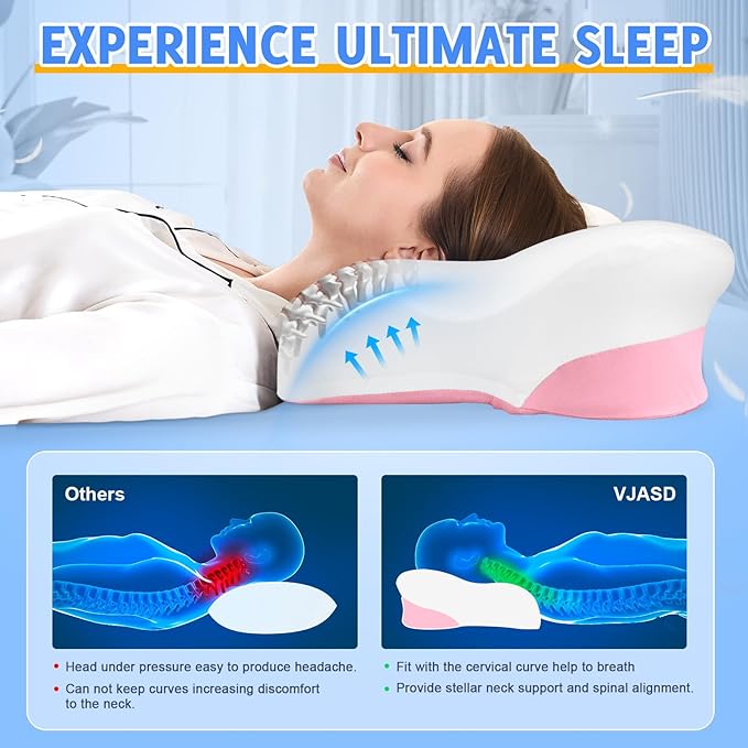 Cervical Neck Pillows with Memory Foam - Ergonomic Neck Support Pillows for Pain Relief Contour Memory Foam - Adjustable Orthopedic Bed Pillows with Cooling Pillowcase for Sleeping - Pink