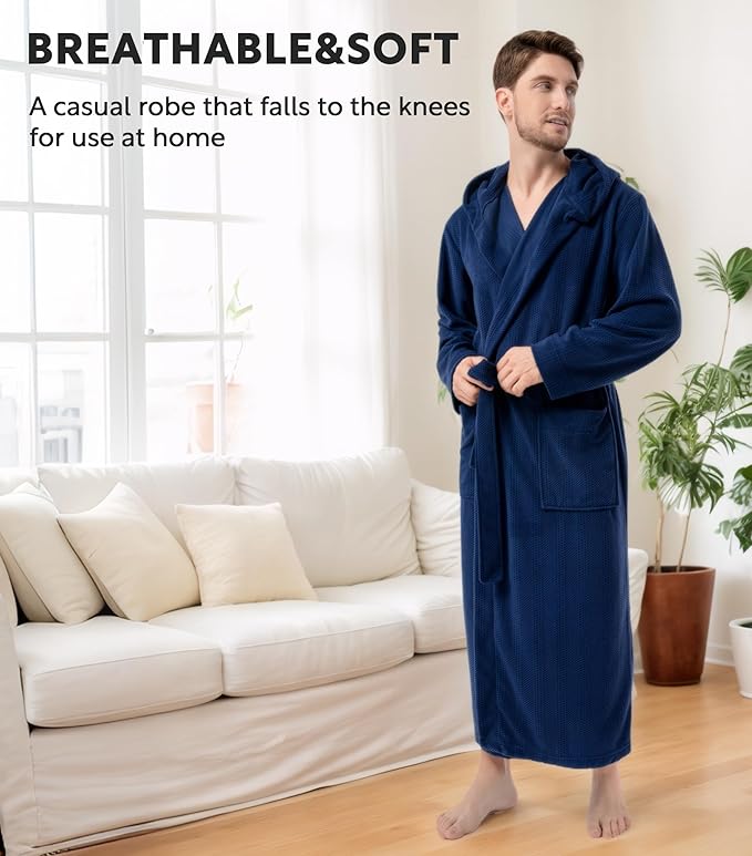 DAVID ARCHY Men's Robe Long Sleeve Lightweight Knit Bathrobe,Comfort Knee Length Hood Sleepwear