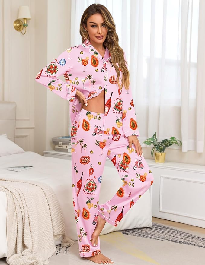 Veseacky Womens Satin Pajama Set Silk Pjs Button Down Long Sleeve Sleepwear Loungewear Sleepwear 2 Piece Pjs Set S-XXL