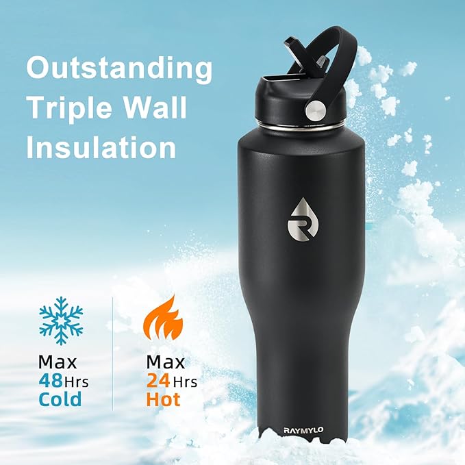 40 oz Insulated Water Bottle with Straw fit in Car Cup Holder, Triple Wall Vacuum Stainless Steel(Cold 48 hrs, Hot 24 hrs), Leakproof & Non-BPA, Hydro Travel Flask with Straw and Spout Lid