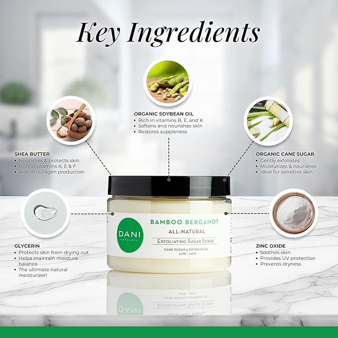 DANI Naturals Sugar Scrub - Exfoliating Bamboo Bergamot – Organic cane sugar and shea butter gently exfoliate and nourish skin, leaving it smooth, refreshed, and hydrated – 14 oz