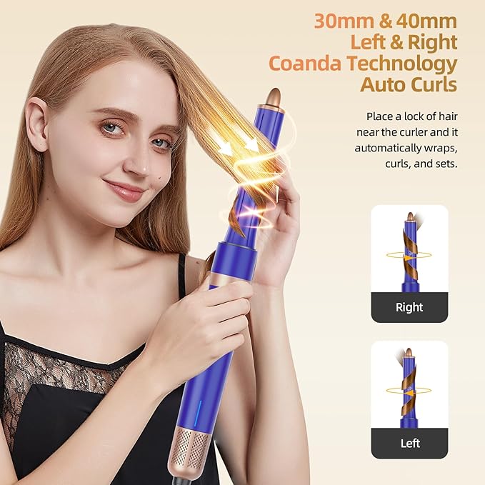 T-GOGO Hair Dryer Brush Professional: 6 in 1 Hot Air Hair Styler & Dryer Set, Powerful Hair Air Curling Iron High-Speed Negative Ionic Blow Dryer, Auto-Wrap, No Heat Damage (Blue)