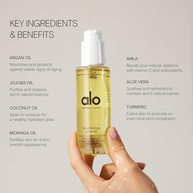 Alo Head-to-Toe Glow Oil | Glow-Boosting Natural Dry Body Oil | Jojoba, Amla, Aloe & Vitamin E | Hydrates & Nourishes Skin | Citrus Scent | 3.2 Oz