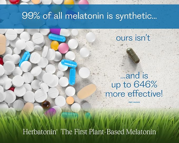Herbatonin® 0.3 mg – The First Plant-Based, Natural Melatonin Supplement (Phyto-Melatonin) - Low Dose Sleep Aid, Supports Circadian Rhythm & Cellular Health – 180 Capsules (180 Day Supply)