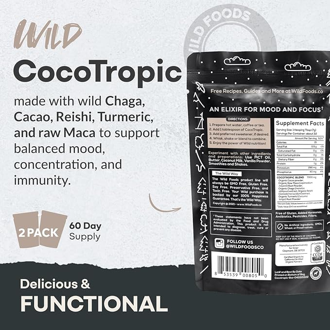 Organic Cocotropic Superfood Mushroom Hot Chocolate Mix, 8 oz | Non-GMO, Vegan, Gluten Free, Reishi Mushrooms, Chaga