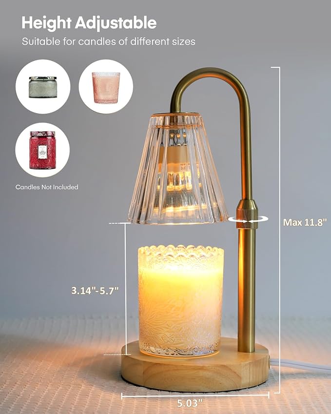 Candle Warmer Lamp with Adjustable Height, Glass Candle Lamp Warmer for Jar Candles for Jar Candles, Candle Lamp for Jar Candles, Electric Candle Warmer for Home Bedroom Decor with 2 Bulbs