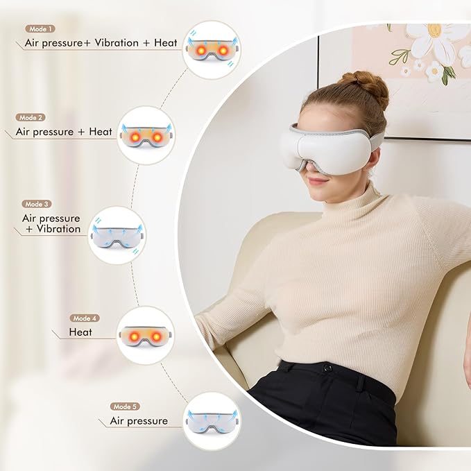 Eye Massager with Light-Blocking Design, 2025 Upgraded Eye Massager with Heat, 5 Modes & 180° Folding Design, Sleep Gift for Office, Travel, Home Use, Portable & Giftable