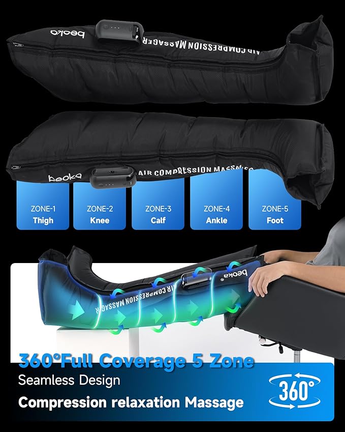 beoka Leg Massager for Circulation and Pain Relief, Leg Recovery System for Fast Recovery, Cordless Air Compression Boots with 3 Modes 5 Intensities for Athletes Runners and Travelers-L