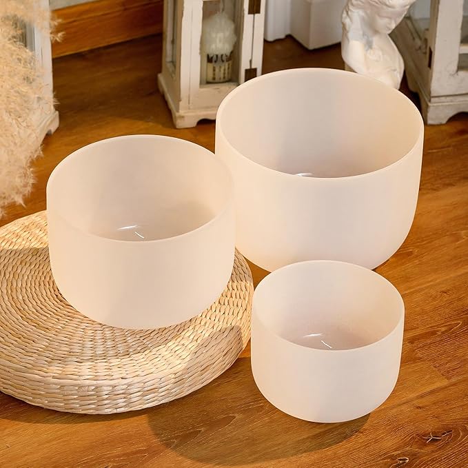 Hye-eun 3pcs 6"G 8"F 10"C Frosted Quartz Crystal Singing Bowl Set 432hz with Free Carry Bag Mallets & Rubber for Sound Healing Bath Keep Balance Therapy Meditation Yoga