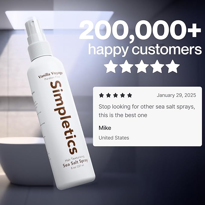 Simpletics Himalayan Sea Salt Spray for Straight & Wavy Hair - All Natural, 5 Ingredient, Texturizing & Volumizing Product - Vanilla Scented - Adds Volume, Texture, Beach Look to Men & Women, 3 Pack