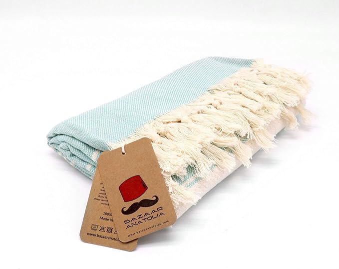 Bazaar Anatolia Turkish Beach Towel – 100% Cotton, Quick Dry, Sand Free Towel for Bathroom, Camping, Travel, Teal – Oversized 71x39 Inches – Stripe Mint