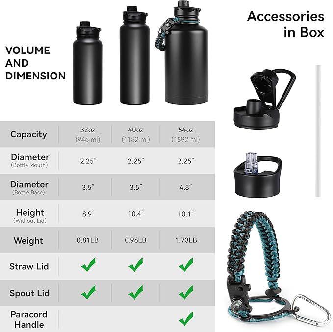 64 oz Insulated Water Bottle with Straw & Spout Lids, Stainless Steel Metal Half Gallon Water Jug with Paracord Handle, Double Wall Vacuum, Leakproof, Keep Drinks Cold & Hot, Black