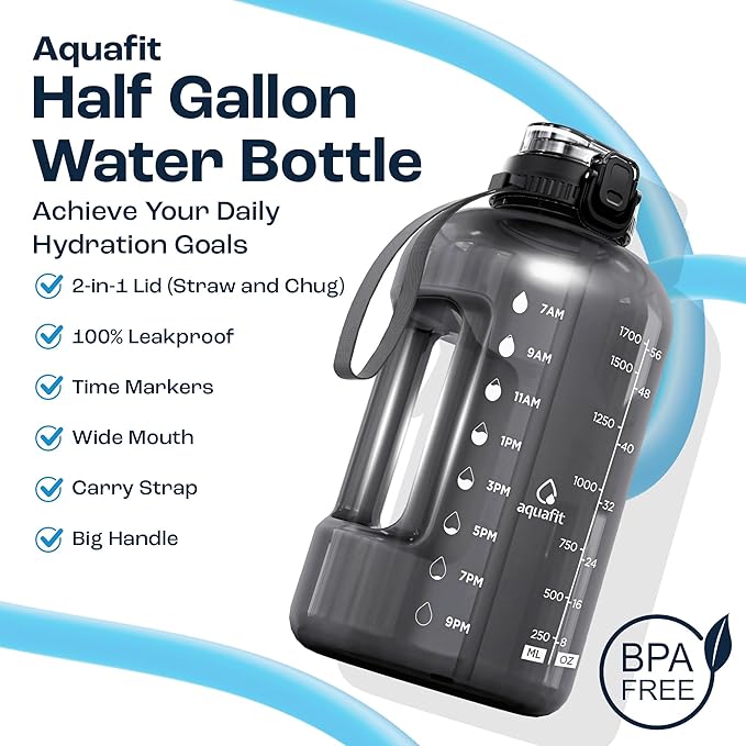AQUAFIT Half Gallon Water Bottle with Time Marker - Straw & Chug Lid - BPA Free Gym Water Bottle with Straw - Big Gallon Jug (Nebula, 64 oz - 2in1 Lid)