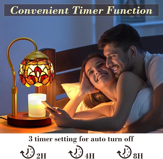 Candle Warmer Lamp with Timer Dimmer, Adjustable Height Candle Warmer for Jar Candles, Birthday Gifts for Women New Home Bedroom Decor Tiffany Baroque Style Stained Glass with 2 Bulbs