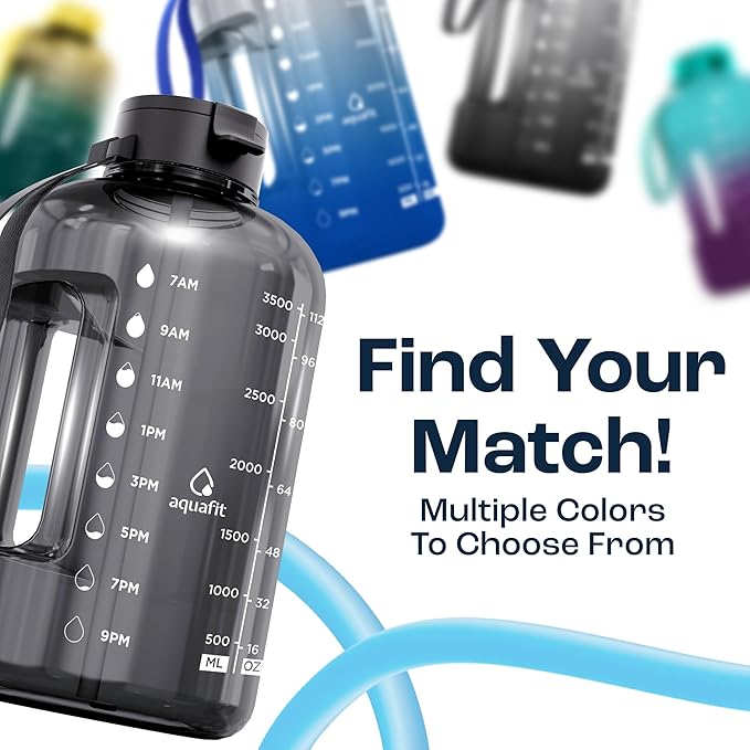 AQUAFIT 1 Gallon Water Bottle with Time Marker - Straw & Chug Lid - BPA Free Gym Water Bottle with Straw - Big Gallon Jug (Frosty, 128 oz - 2 Lids)