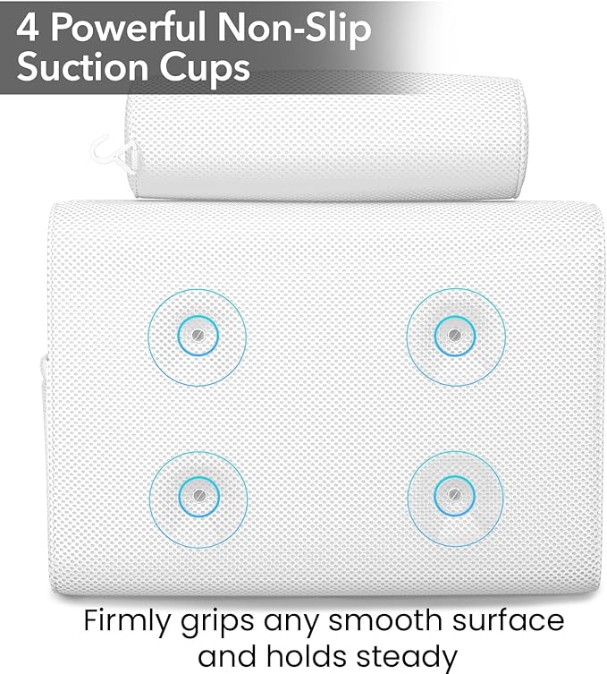Everlasting Comfort Luxury Bath Pillows for Tub with Head and Neck Support - Non-Slip Bathtub Pillow with Suction Cups, Quick-Drying Mesh & Drying Hook - Jacuzzi & Spa Accessories for Women - White