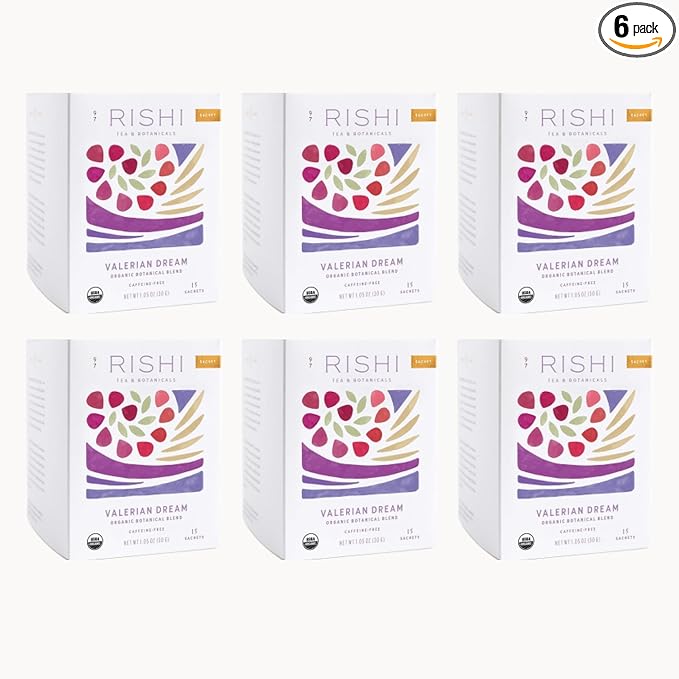 Rishi Tea Valerian Dream Herbal Tea - Organic Sachet Bags, Caffeine Free, Calming Botanical Blend with Valerian Root - 15 Count (Pack of 6)