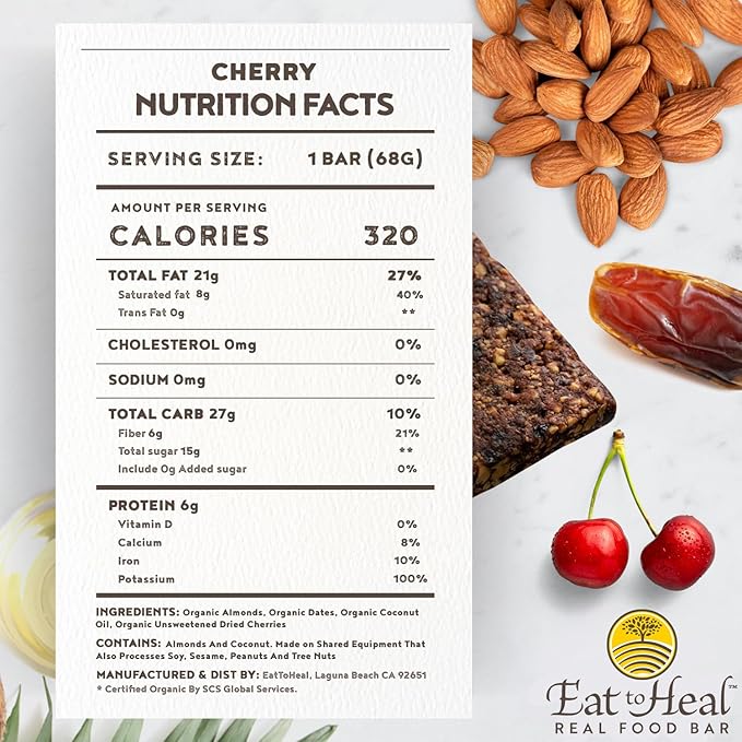 EatToHeal Cherry Real Food Bar - Organic Vegan Healthy Gluten Free Protein Bars - Low Sugar Meal Replacement Bar, Non GMO, Never Baked, Plant Based - Crafted to Enjoy, Not Sit on Shelves