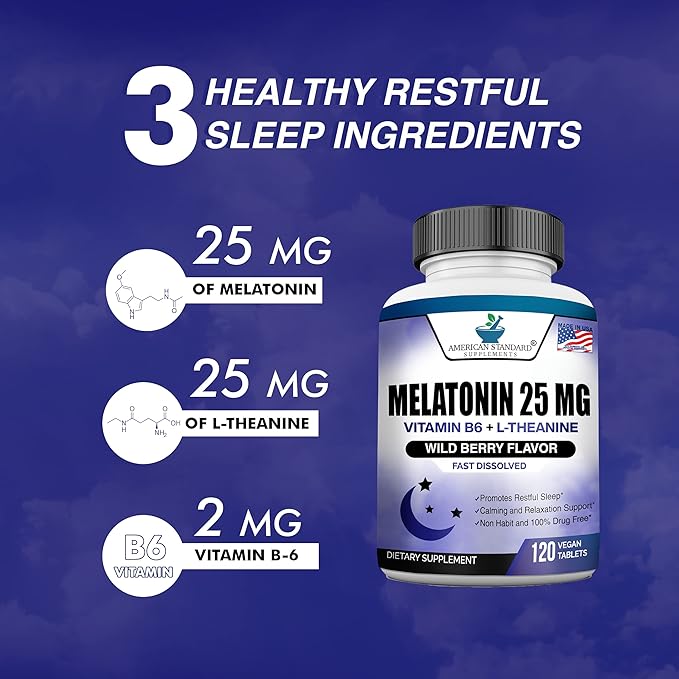 Melatonin 25mg Per One Tablet, 120 Chewable Tablet with L-Theanine & Vitamin B-6, Supports Healthy Sleep Cycle , Promotes Calming & Restful Sleep, Vegan, NON GMO, Made In USA (Pack of 2)