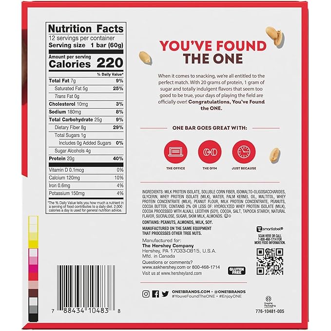 ONE Protein Bars, Peanut Butter Cup, Gluten Free with 20g Protein and 1g Sugar, Pantry Staples, 2.12 oz (12 Count)