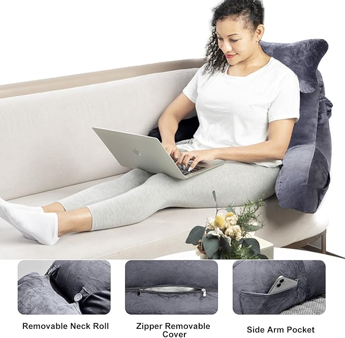 SLIGUY Reading Pillow for Sitting in Bed Couch Adult, Back Pillow with arm Support and Pockets, Adult Back Pillow Bed Chair for Bed Rest, Reading, Watching TV, Gaming for Boys and Girls Dark Grey