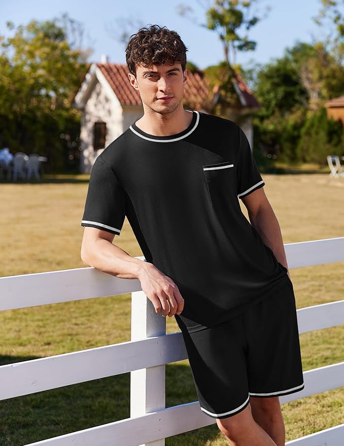 Ekouaer Men's Pajamas Set Casual Short Sleeve Shirts and Shorts Soft 2 Piece Loungewear With Pockets