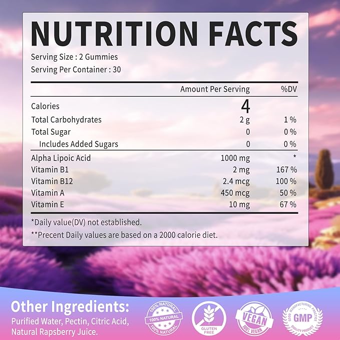 Alpha Lipoic Acid Gummies 1000Mg with Vitamin B1, B12, A, E - High Absorption Sugar Free Chewable ALA Supplement for Energy and Nerve* Support,Raspberry Flavor, 60 Gummies