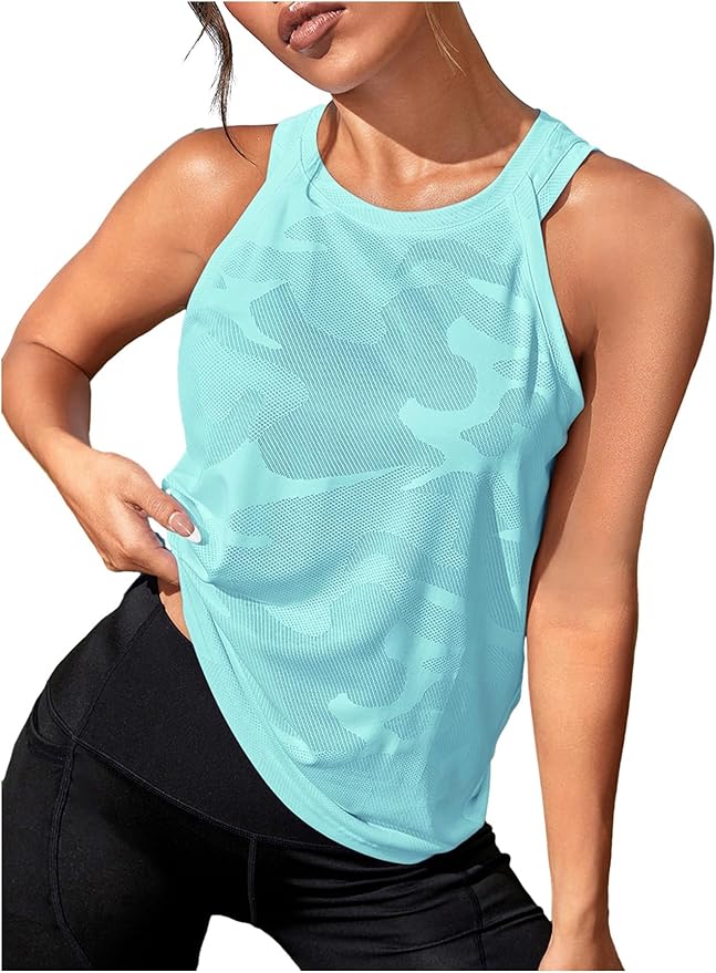 OYOANGLE Women's Camo Print Sleeveless Workout Shirts Exercise Running Tank Tops Active Gym Tops