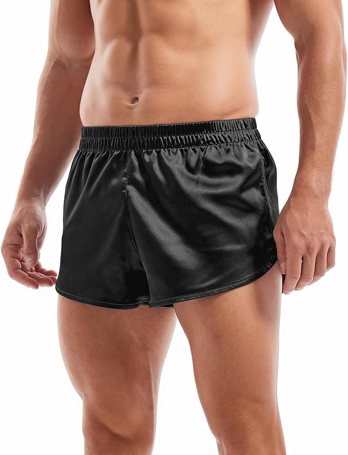 AMY COULEE Mens Satin Shorts Silk Boxers Sexy Split Side Lounge Shorts 3 Inch Pajama bottoms