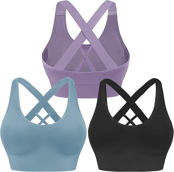 Evercute Sports Bra for Women Padded Medium Support Criss Cross Strappy Bras Seamless High Impact Yoga Exercise Athletic Bras