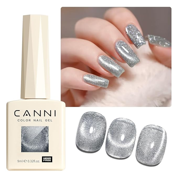 CANNI 8 Pcs 9 ML Cat Eye Gel Nail Polish Set, Jelly Pink Blue Silver Glitter Holographic Cat Eye Gel Polish Kit with Magnet Shimmer Colors Soak Off Led Manicure Salon DIY Gifts