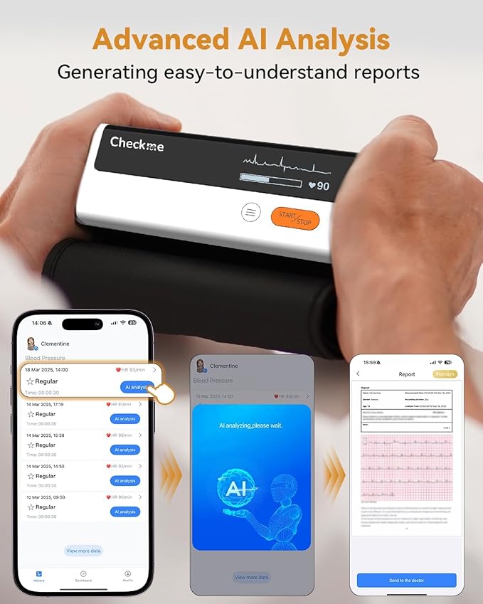 Checkme Bluetooth Blood Pressure Monitor for Home Use, Upper Arm Blood Pressure Machine with Wireless Large BP Cuff, Portable Digital BP Monitor, Reports for iOS & Android