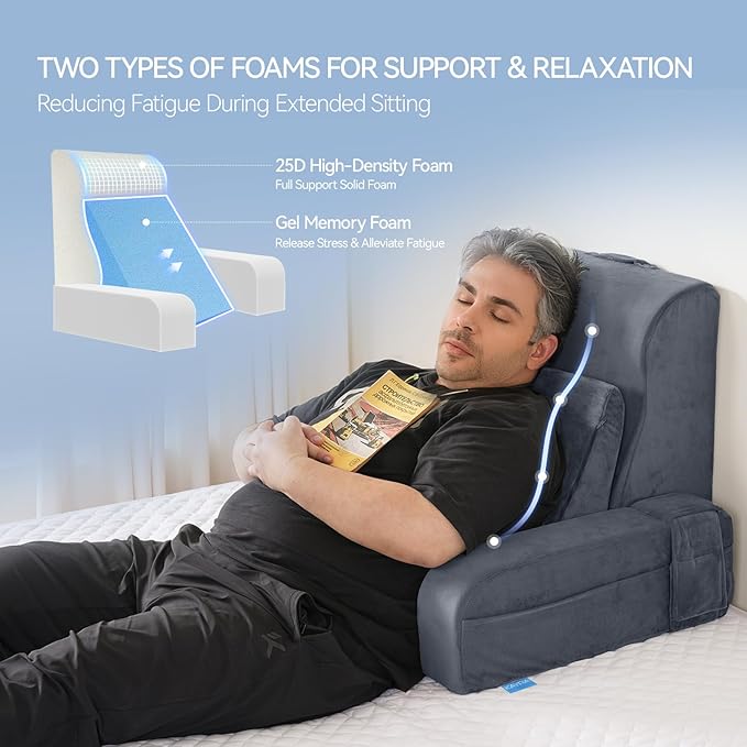 Kayfia Reading Pillow, 10 in 1 Back Pillow for Bed Sitting up with Detachable Arms Rest, Back Rest with Gel Memory Foam, Husband Pillow for Reading/Gaming/Working in Bed or Couch 21'', Gray