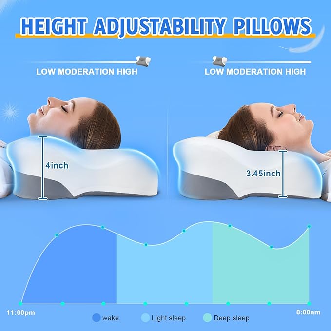 Cervical Neck Pillows with Memory Foam - Ergonomic Neck Support Pillows for Pain Relief Contour Memory Foam - Adjustable Orthopedic Bed Pillows with Cooling Pillowcase for Sleeping - Dark Grey