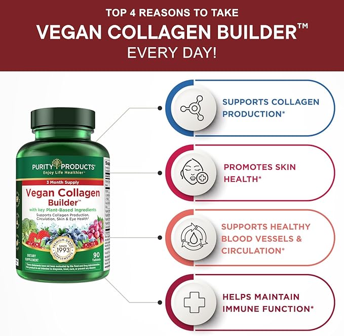 Purity Products Vegan Collagen Builder - Organic Whole Foods Fruits + Veg, Silica, Lutein, Vitamin C, Biotin, Grape Seed - Amino Acids Glycine, Lysine + Proline Collagen Boosters - 90 Tablets