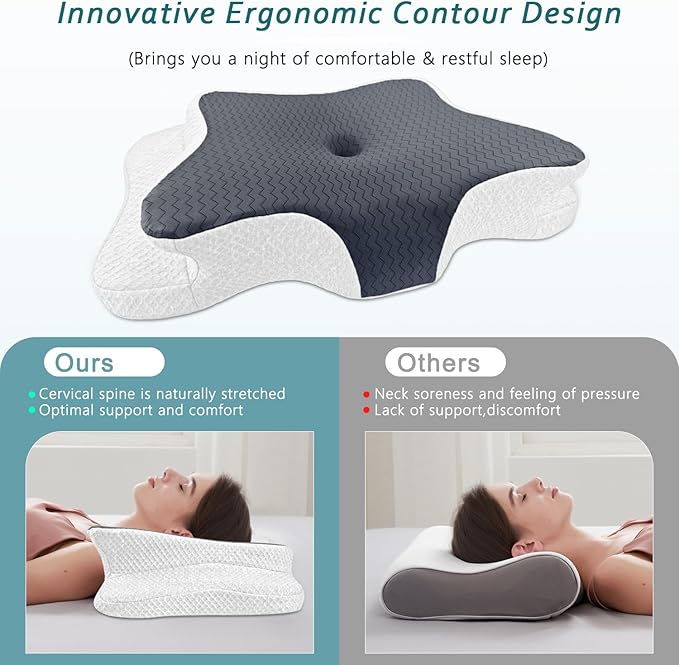 Cervical Pillow for Neck Pain Relief, Memory Foam Pillows, Ergonomic Contour Bed Pillow, Soft for Side Sleep Stomach Sleeping and Back Sleepers