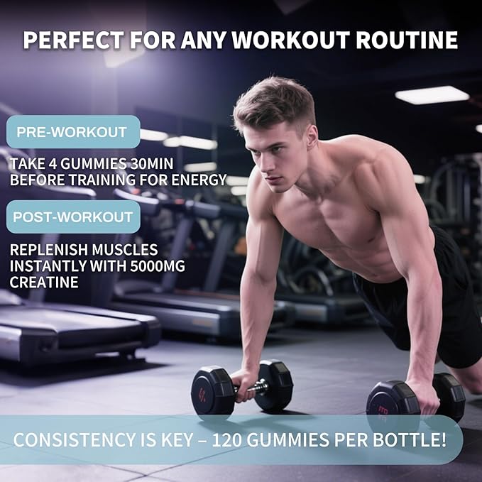 Creatine Monohydrate Gummy - 5000mg per Serving, 120 Count - Supports Muscle Strength, Endurance, and Energy - Delicious Blackcurrant Flavor - Gluten-Free, Vegan-Friendly