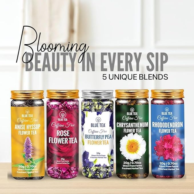 BLUE TEA - Flower Tea Combo - 4.05 Oz (Pack of 5) | VARIETY PACK | Combo Pack - Caffeine Free - Flower Based - Caffeine Free - Vegan - Non-Bitter - Non-GMO | Pet Jar Packs - Gift Box