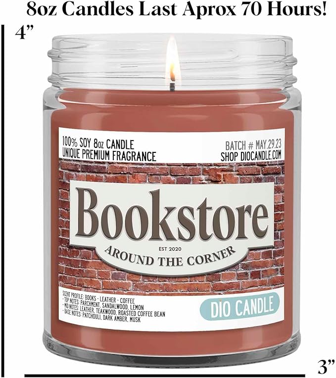 Bookstore Scented Candle - Smells Like Books - Leather - Coffees - 100% Naturally Vegan Soy and Premium Fragrance | Great Gift | Recyclable Glass Jar | Handmade in Denver, Colorado (8oz Glass Jar)