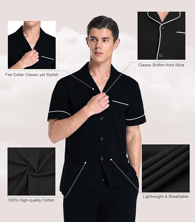 COLORFULLEAF Men's 100% Cotton Pajamas Set Button Down Sleepwear Short Sleeve and Long Pants Pjs