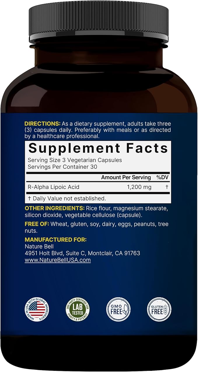 NatureBell R-Alpha Lipoic Acid, 1,200mg, 90 Veggie Capsules | Pure Stabilized R-ALA Only | High Absorption & Antioxidant Support | No S-ALA | Non-GMO, Gluten-Free