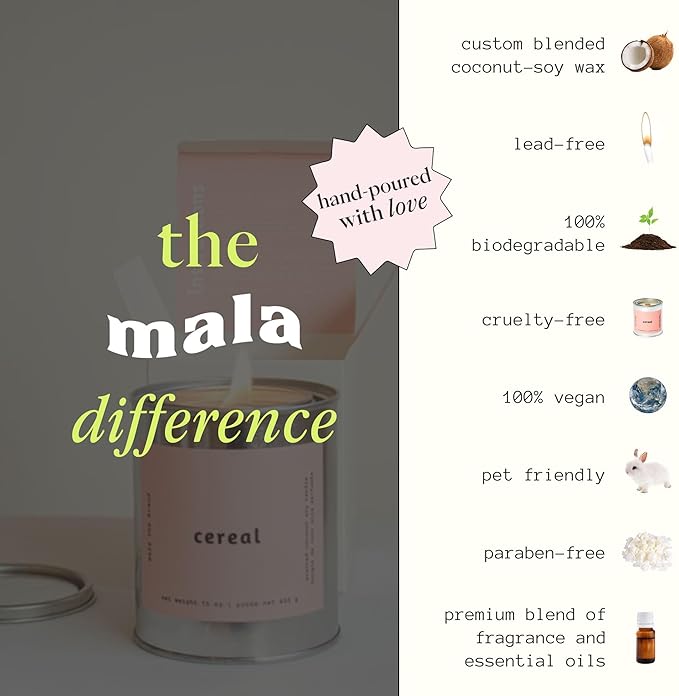 MALA Cereal Scented Soy Candle for Home – Vegan Coconut Wax – 45-Hour Clean Burn – Organic Non Toxic Candles – Gift for Women – Self Care & Room Decor – 6.8 oz (Classic Size)