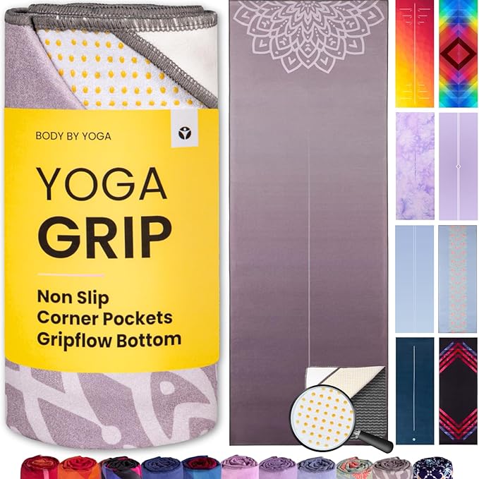 Yoga Grip Yoga Towel - Non Slip Hot Yoga Mat Towel With Corner Pockets, No-Skid Grip, and Built-in Alignment Lines | Soft, Moisture Wicking, and Sweat Absorbent | No Bunching, Stays in Place 72" x 25"