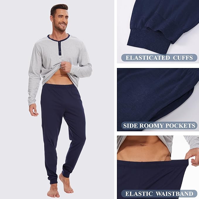 Men's Pajama Set with Henley Neckline 100% Cotton Soft and Comfortable Nightwear 2-Piece Lounge Set