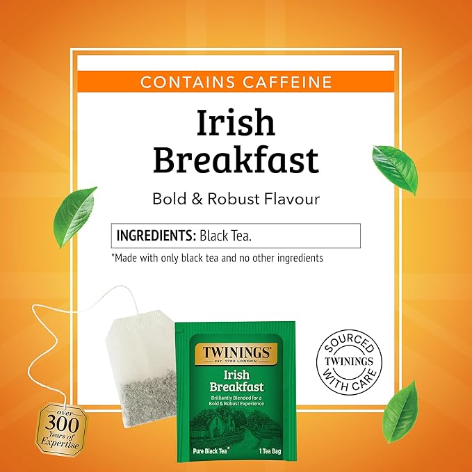 Twinings Irish Breakfast Black Tea Individually Wrapped Bags, 20 Count (Pack of 6), Flavourful, Robust Black Tea, Caffeinated, Enjoy Hot or Iced, 120 Teabags