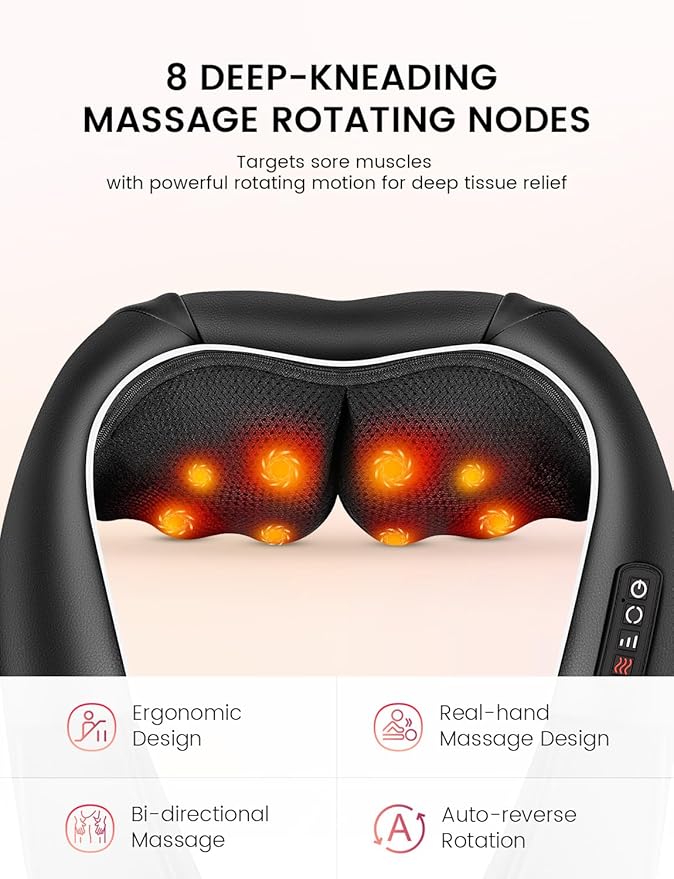 RIKE Shiatsu Back & Neck Massager with Heat, Electric Back Massager for Pain Relief Deep Tissue 3D Kneading Massage Pillow for Home, Office, and Car Use